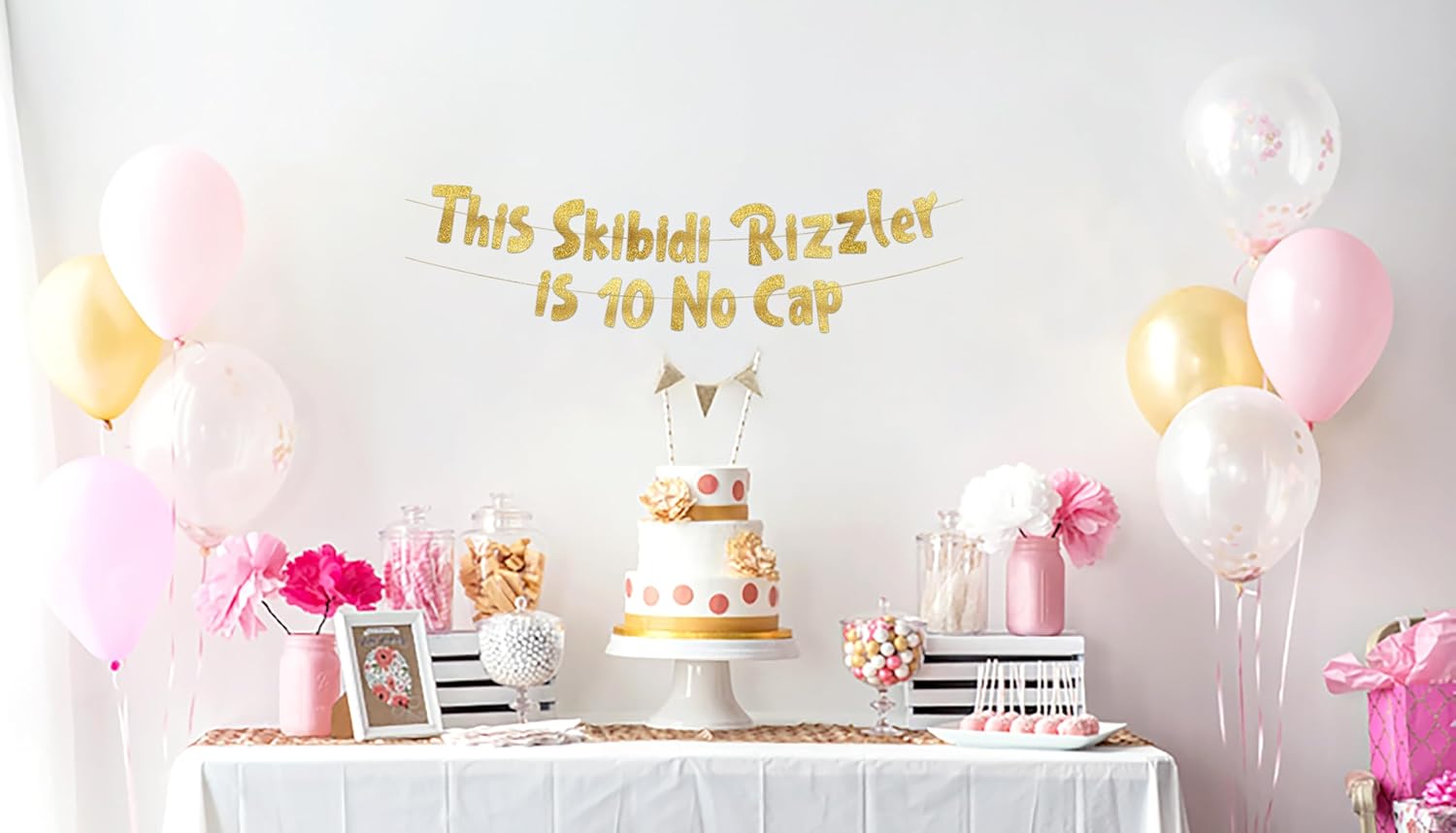 10 No Cap Gold Glitter Banner for 10th Birthday