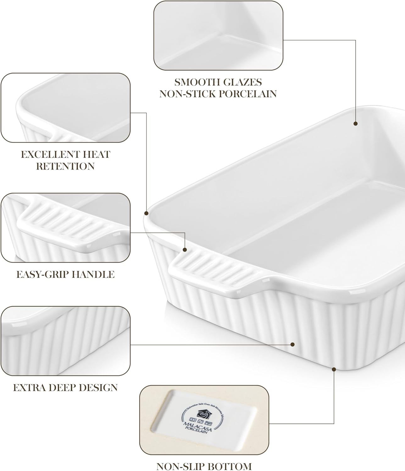 MALACASA 44 QT Baking Dish 9x13 White Rectangular Lasagna Pan with Handles