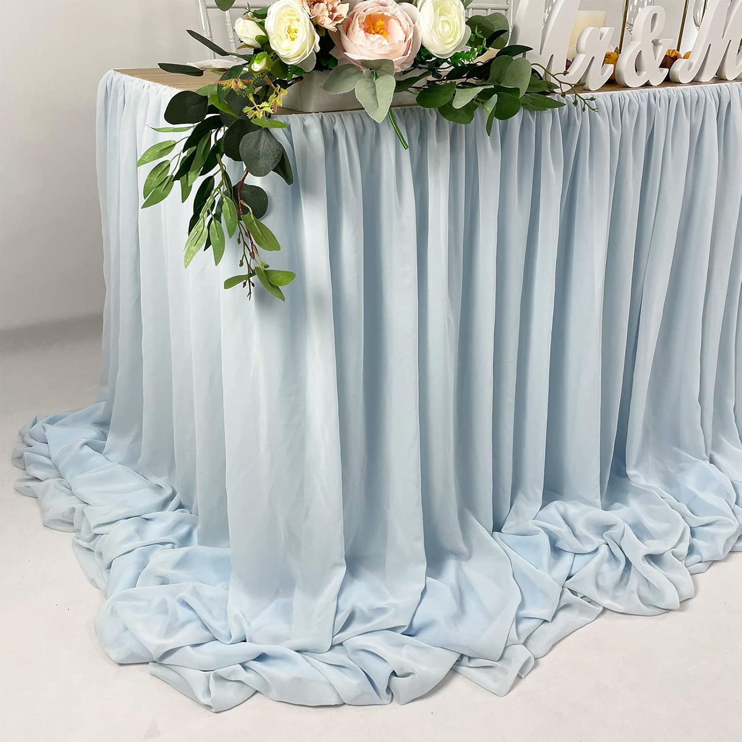Blue Pooling Chiffon Table Skirt 14FT Extra Length