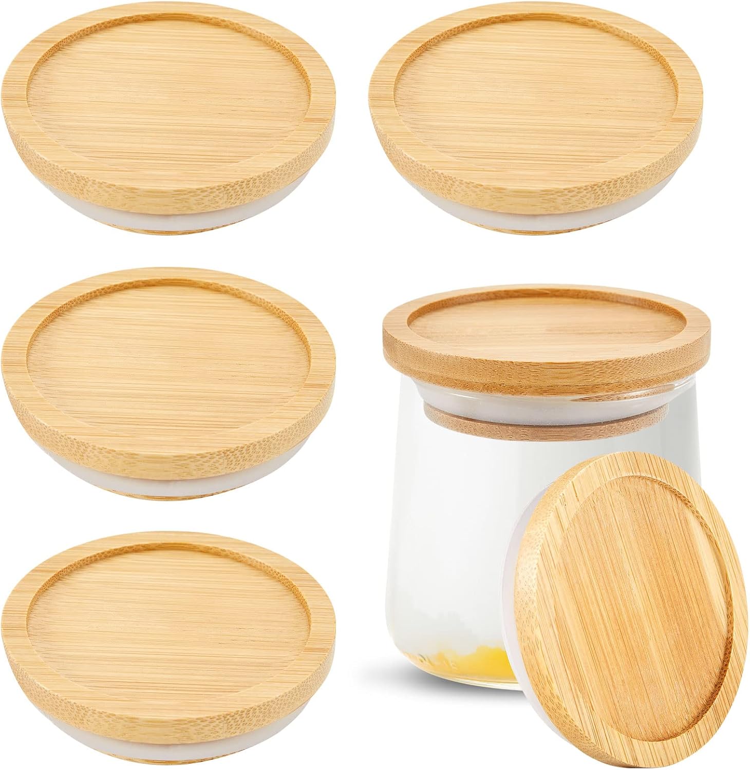 6 Pack Yogurt Jar Lids with Bamboo Wood and Silicone Seals