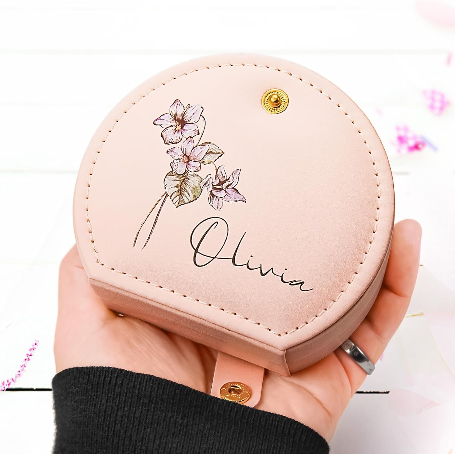 Personalized Leather Jewelry Box with Name and Birth Flower