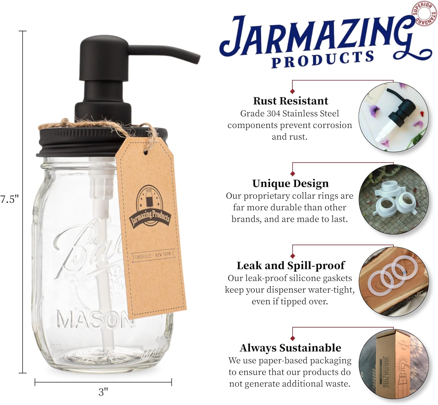 Jarmazing Mason Jar Soap Dispenser Black 16 oz