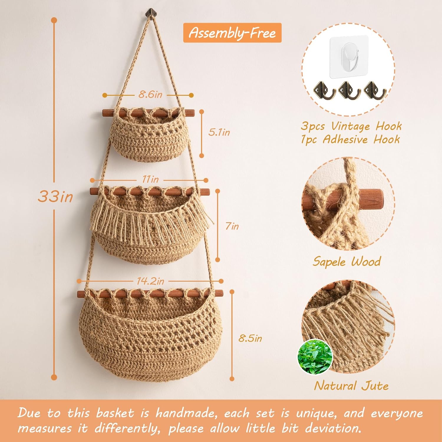 Horpait Hanging Fruit Basket 3 Tier Organizer