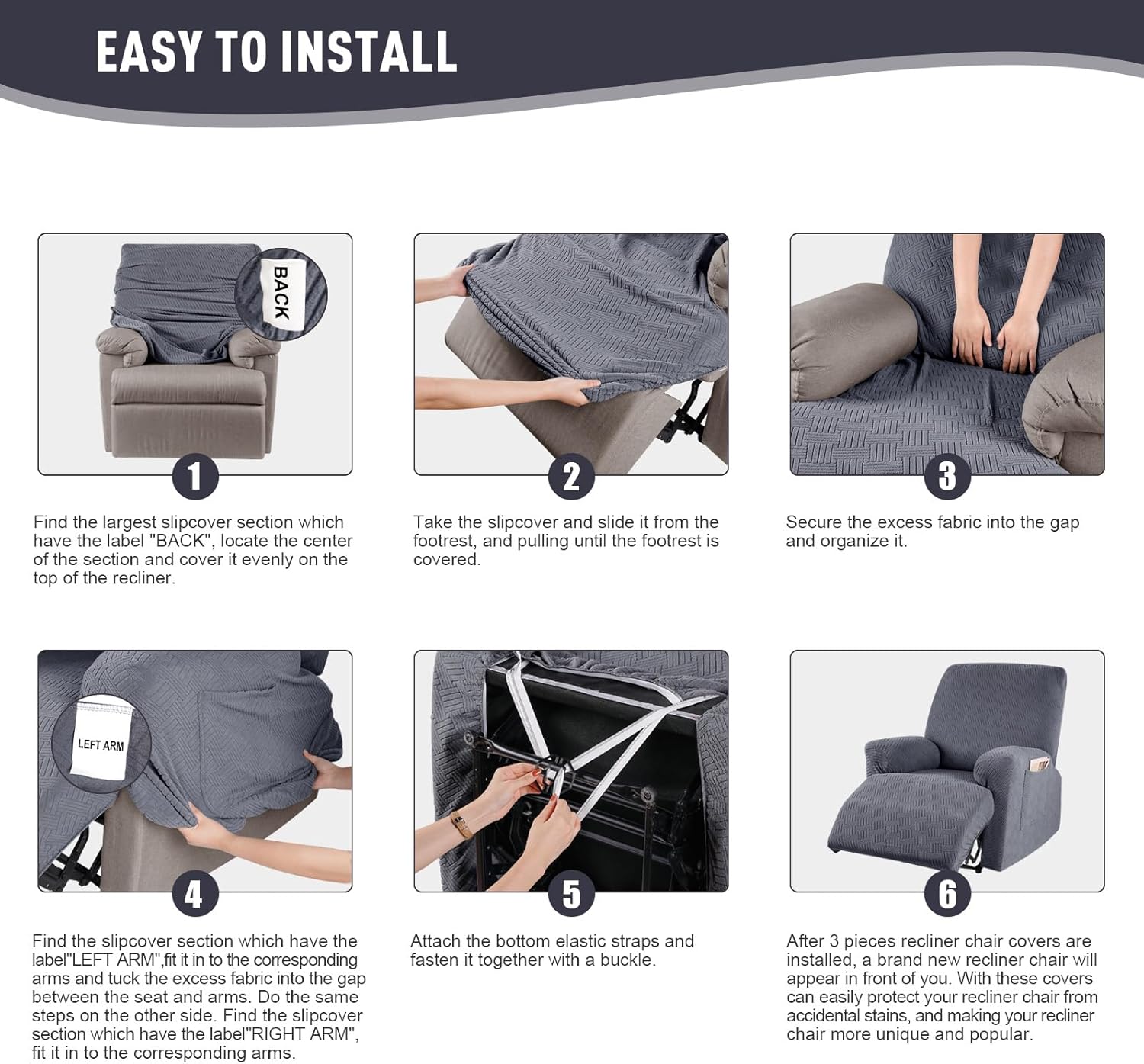 KinCam Recliner Chair Covers Dark Gray 1 Seater
