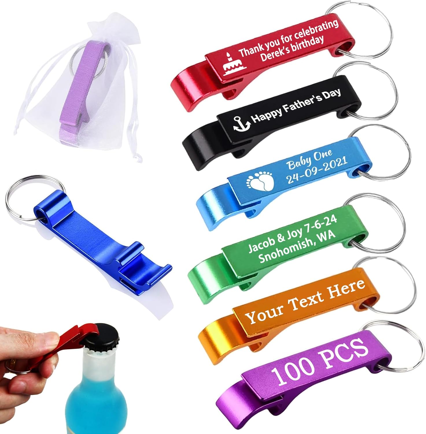 Personalized 100pcs Bottle Opener Keychain Set