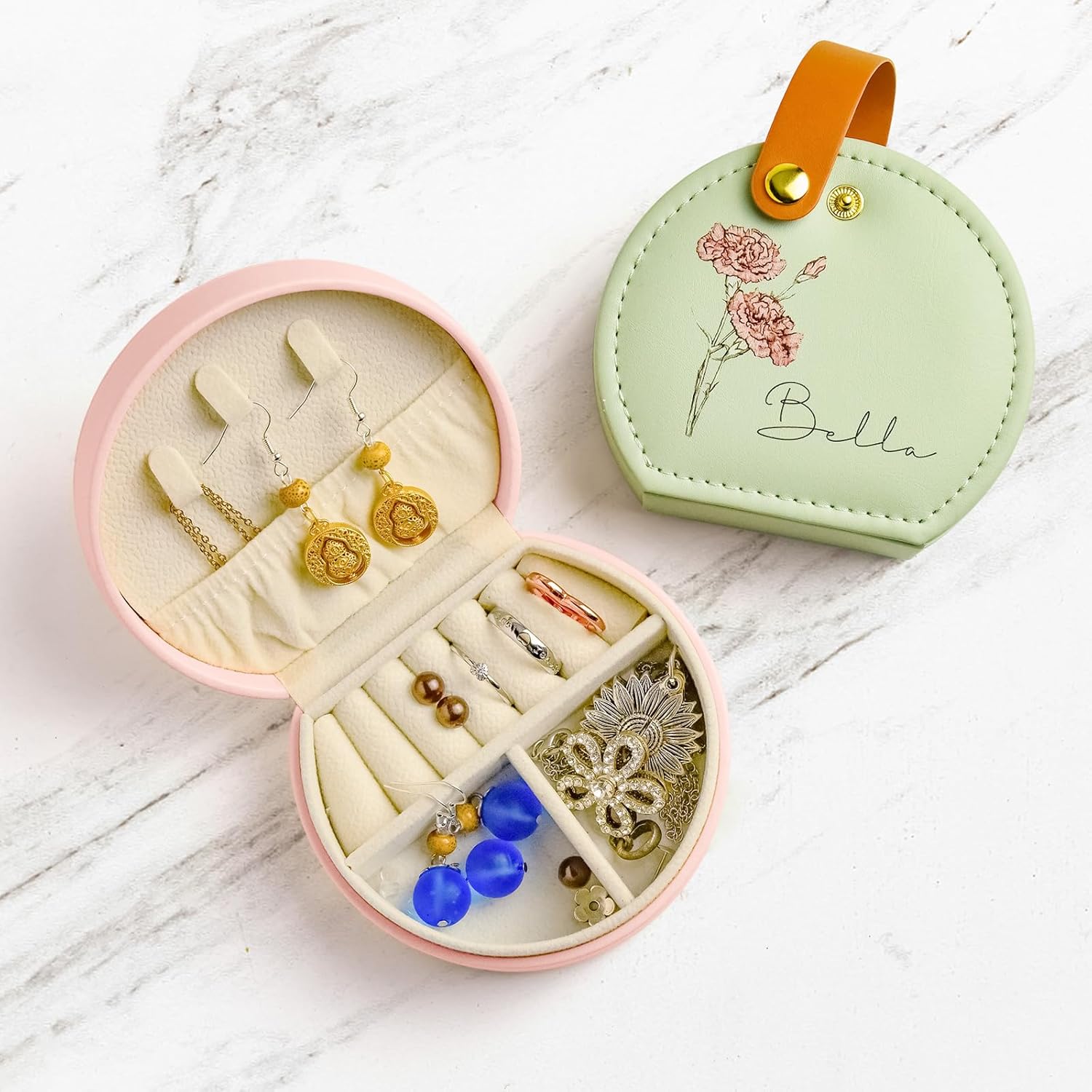 Personalized Leather Jewelry Box with Name and Birth Flower