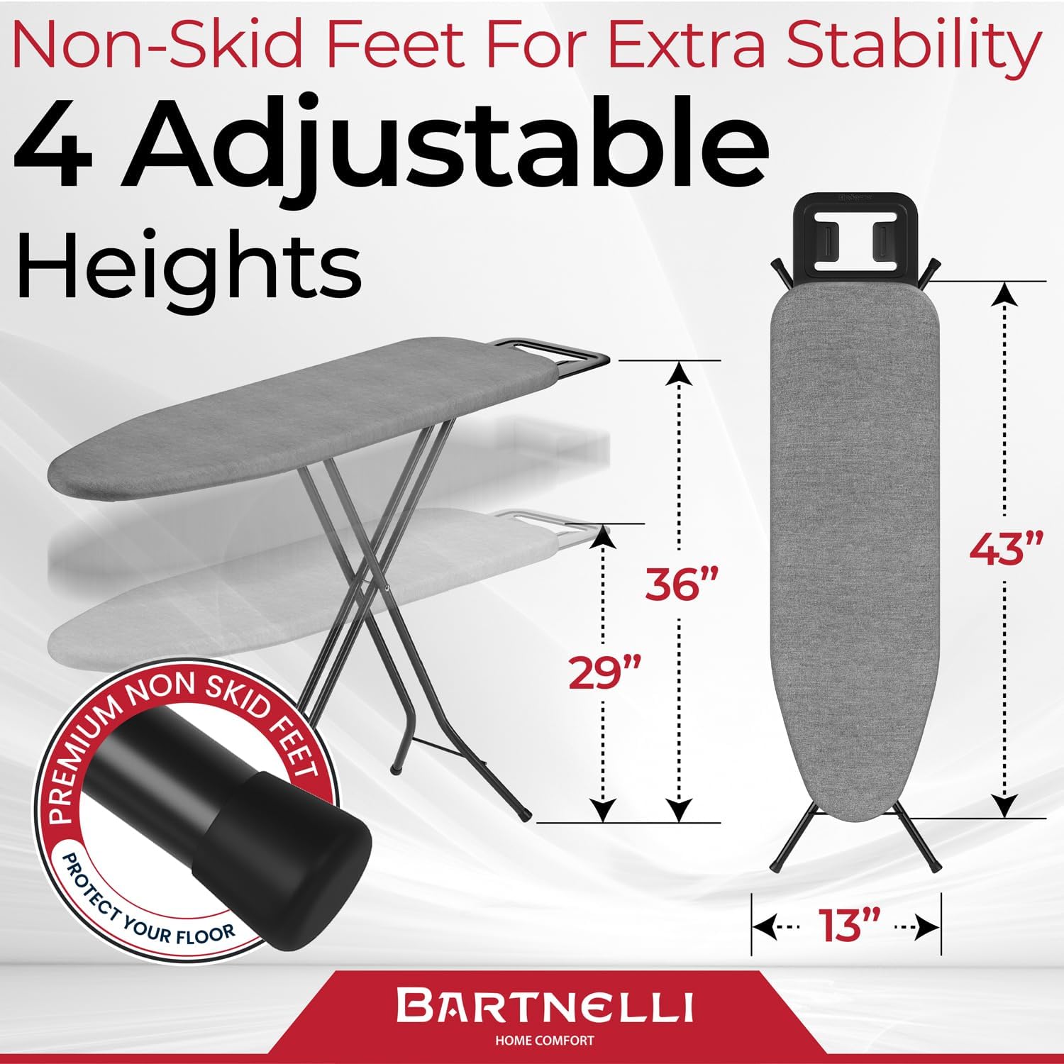 Bartnelli Ironing Board with 4 Layered Cover Height Adjustable Up to 36 Inches