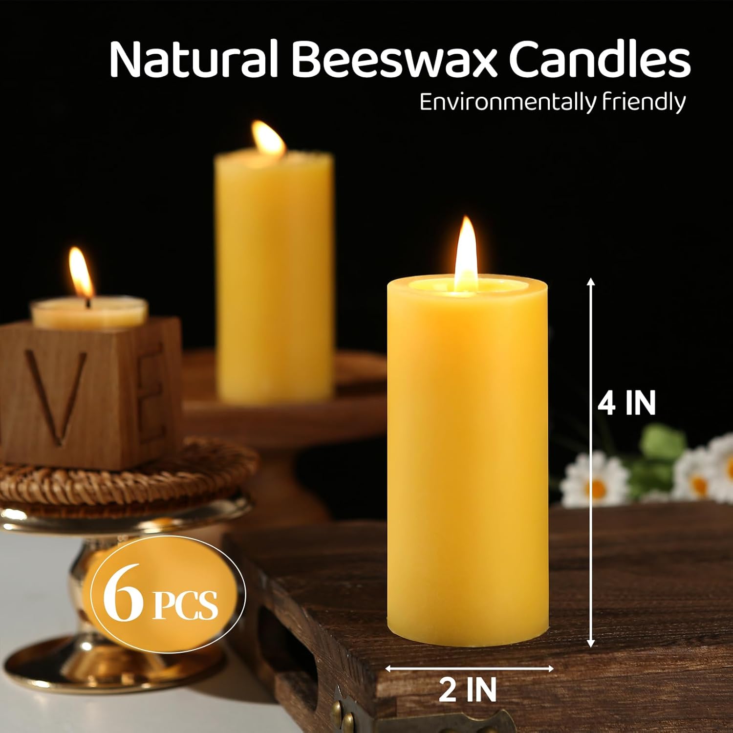 6 Pack Natural Beeswax Pillar Candles - 210 Hours Long Burning