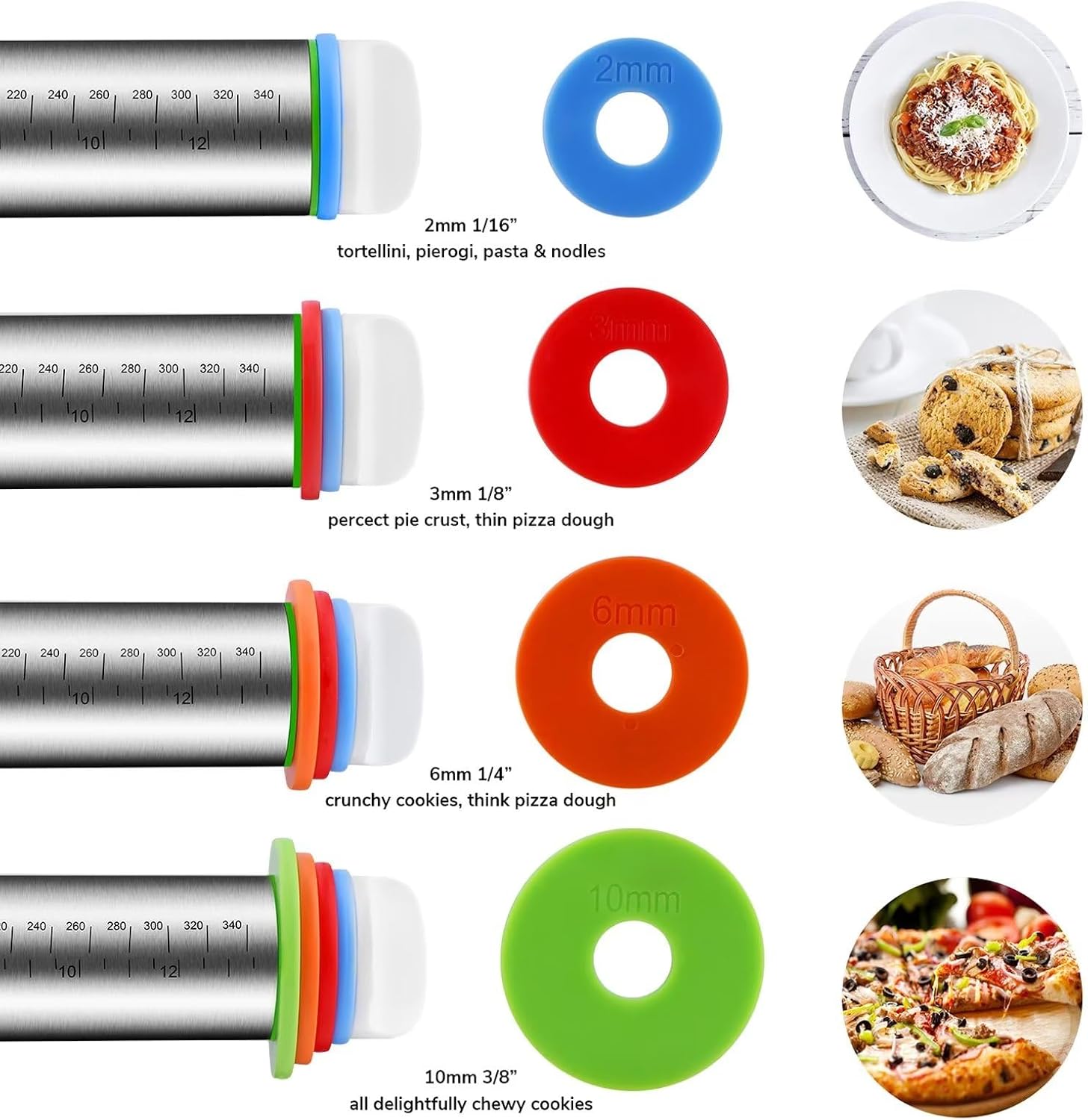 Stainless Steel Rolling Pin with Adjustable Rings and Silicone Mat Set