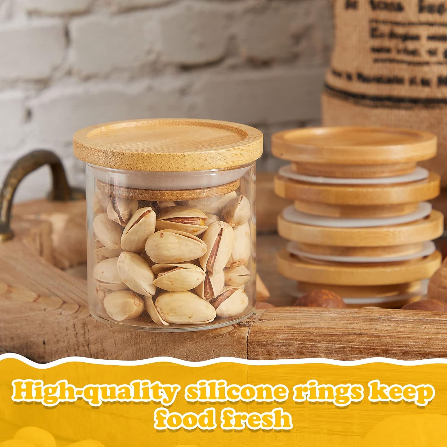 6 Pack Yogurt Jar Lids with Bamboo Wood and Silicone Seals