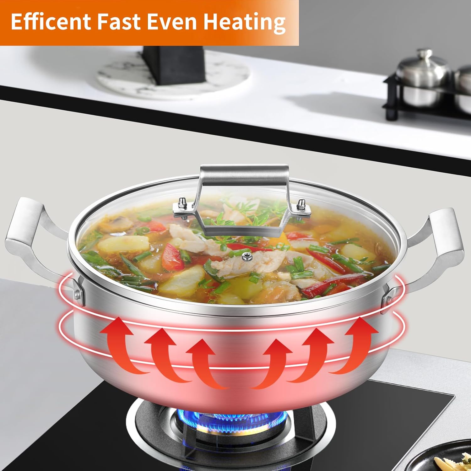 Delarlo 7QT Tri-Ply Stainless Steel Stock Pot with Glass Lid