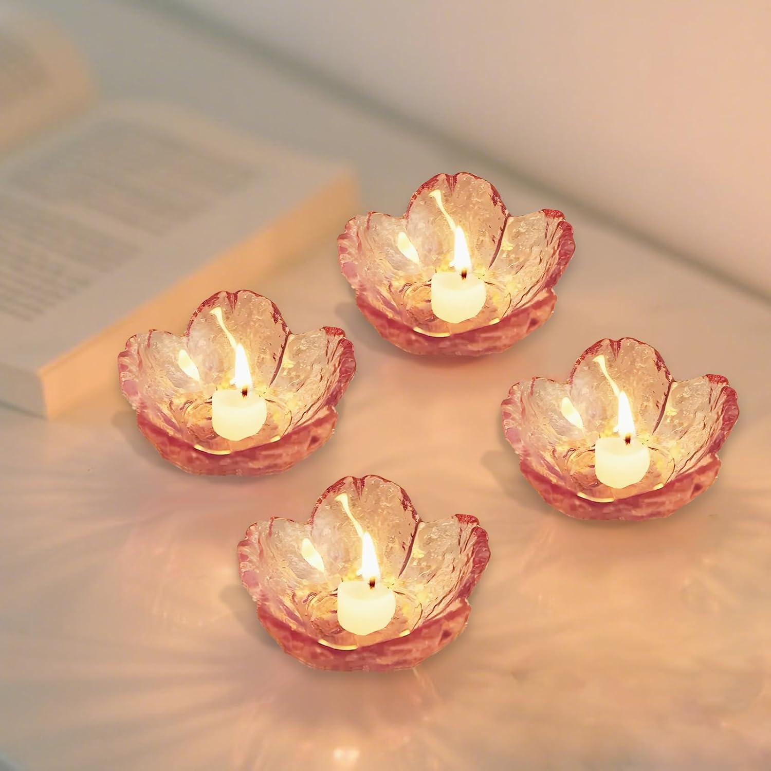 Elegant Cherry Blossom Glass Candle Holders Set of 6