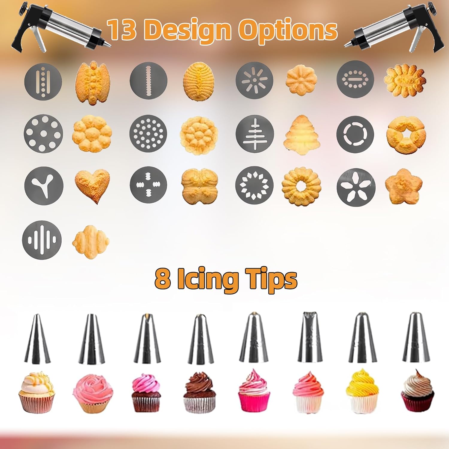 Cookie Press Set with 13 Discs and 8 Icing Nozzles