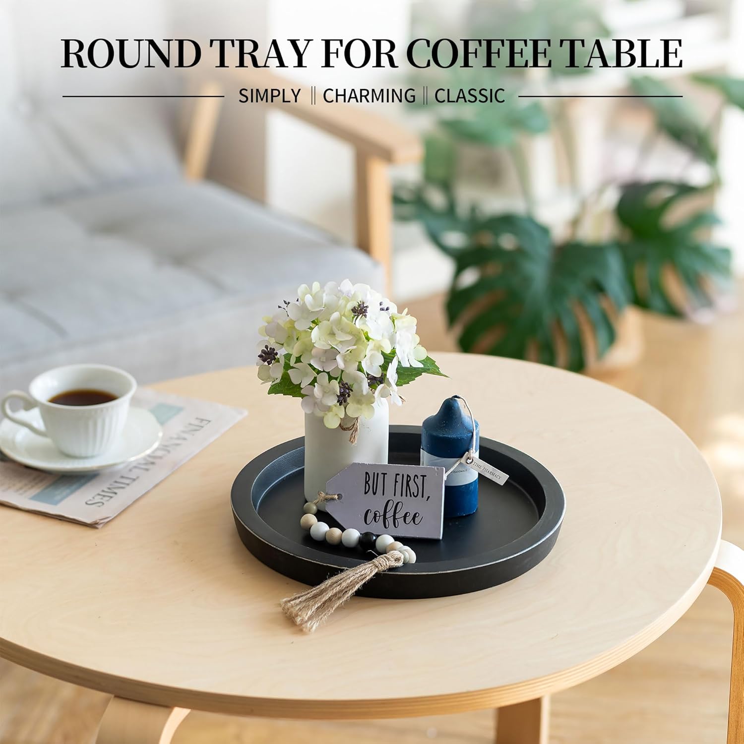 Hanobe Black Round Wooden Coffee Table Tray