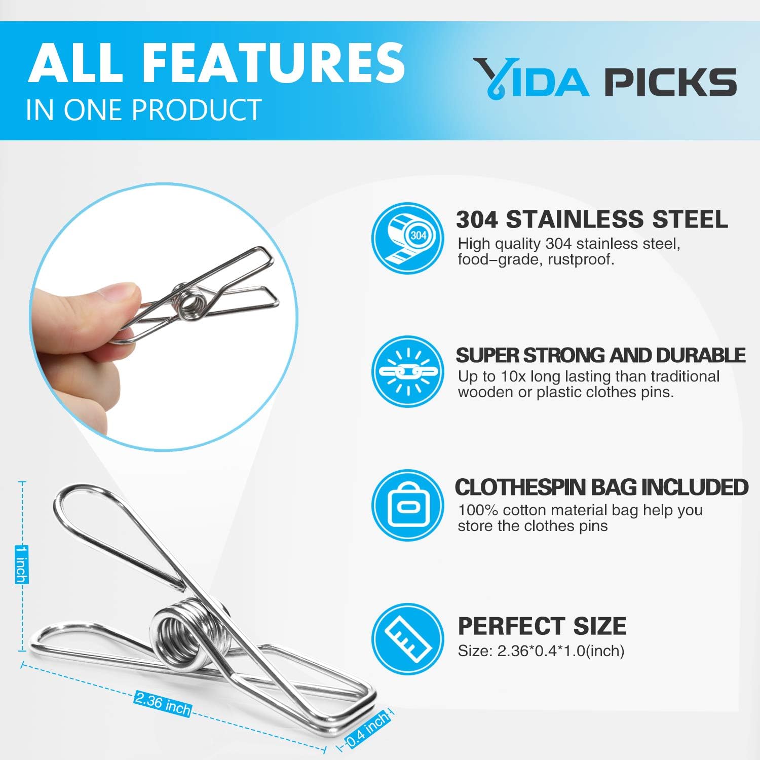 40 Pack Heavy Duty Stainless Steel Clothes Pins for Outdoor Use