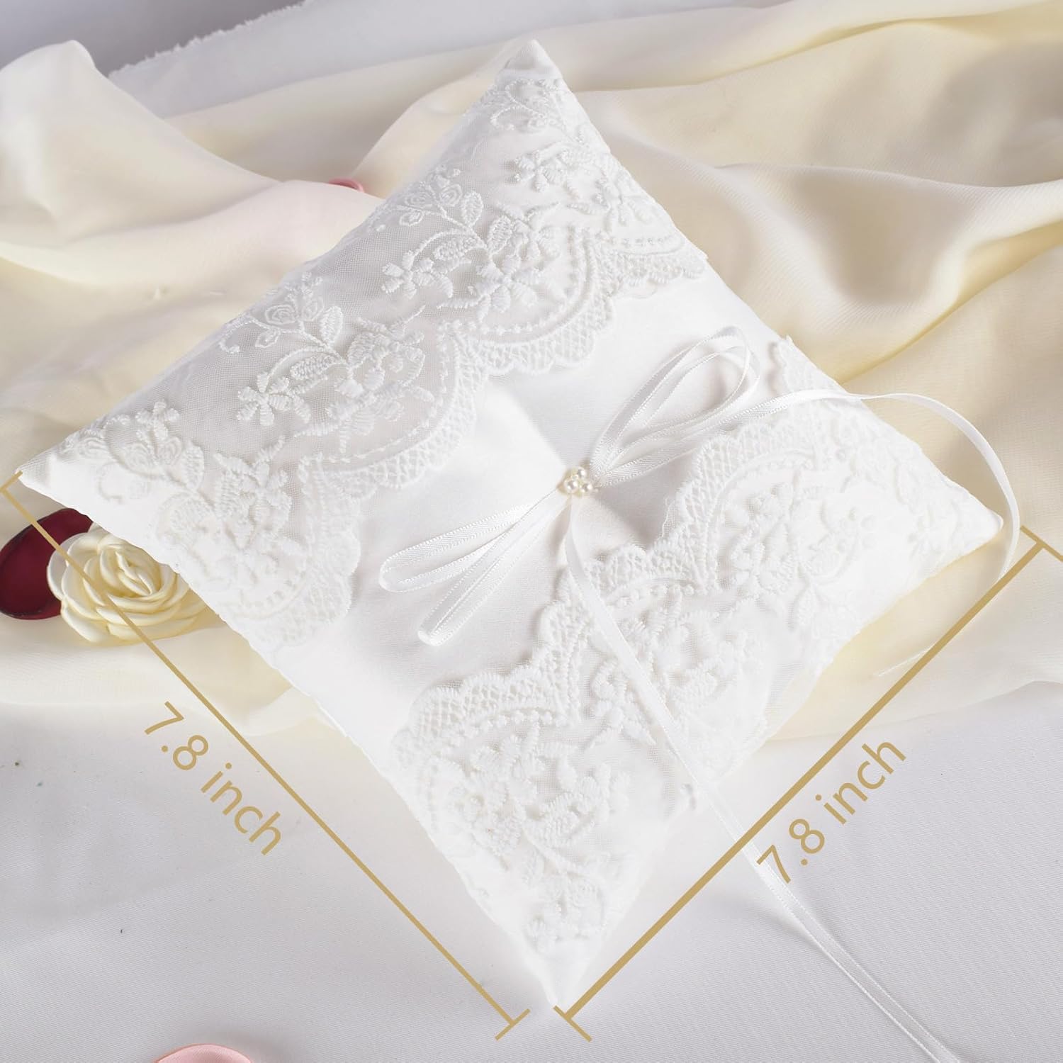 Wedding Ring Pillow with Pearl and Lace Design
