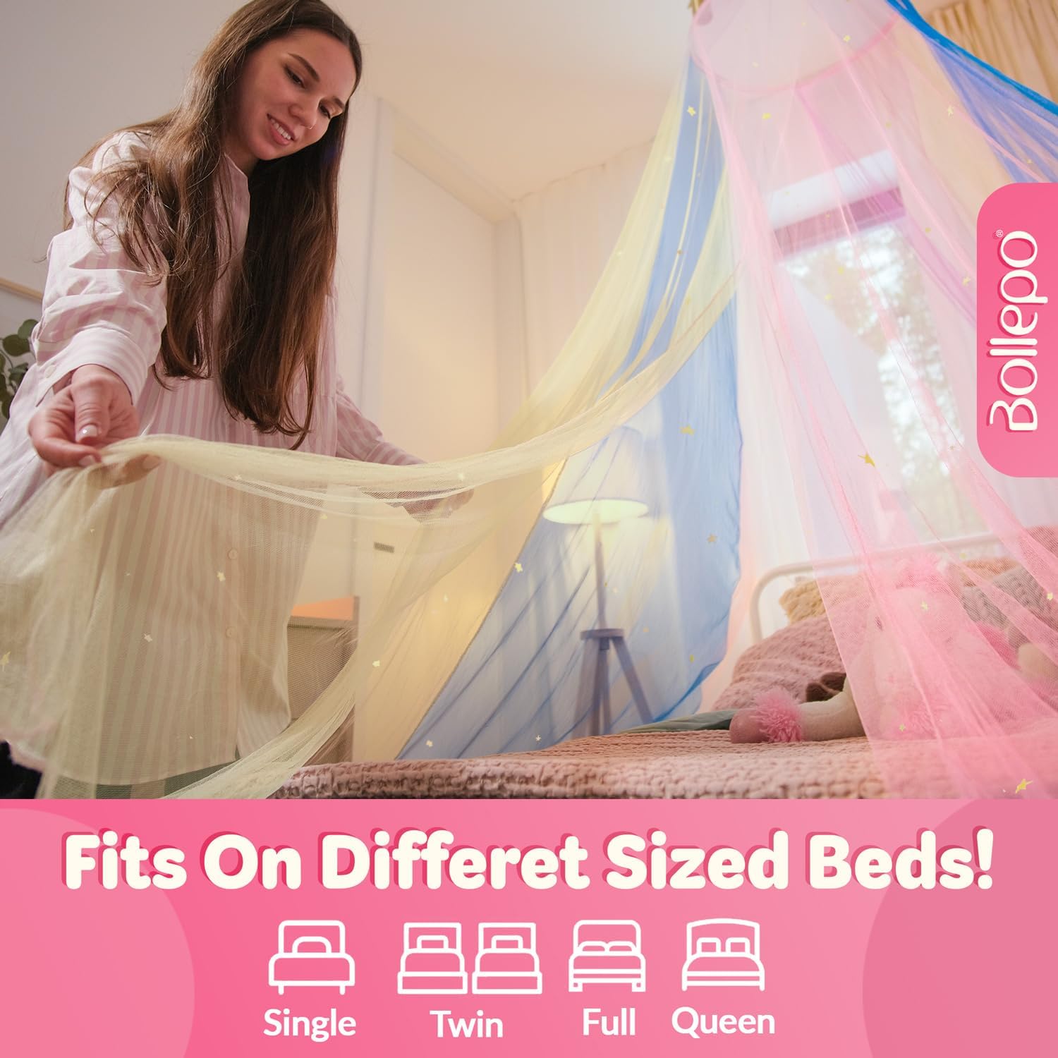 Bollepo Glowing Star Bed Canopy for Girls - Rainbow Mesh Netting