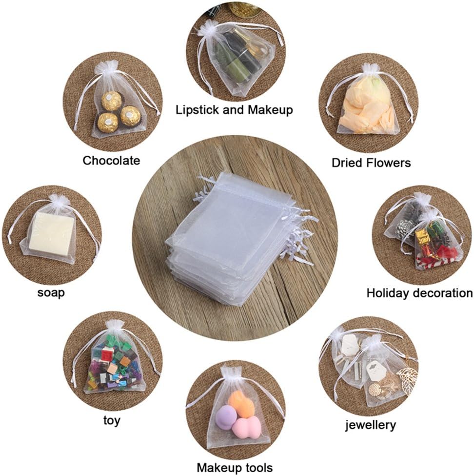 Hopttreely 100PCS Premium White Organza Bags for Wedding Jewelry Party Favors