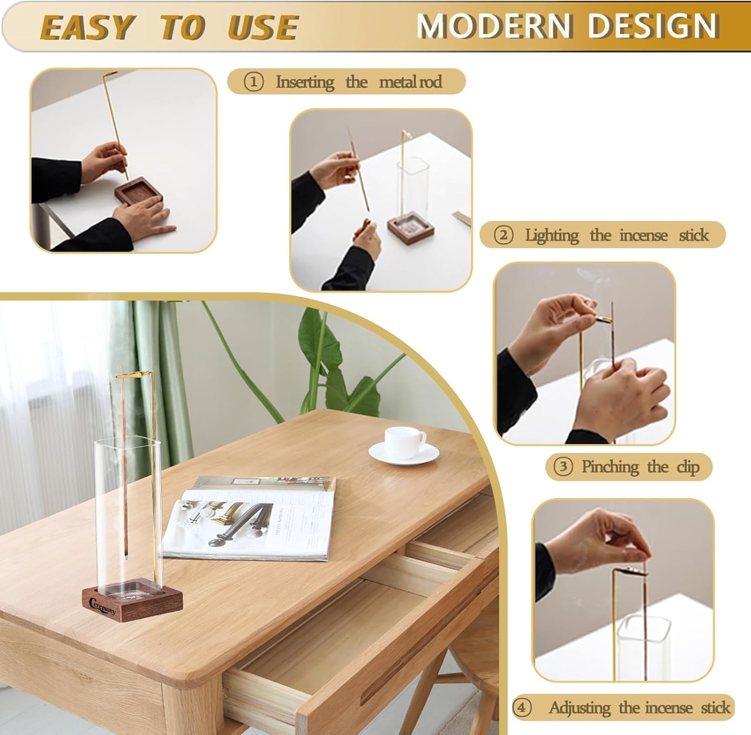 CEREMONY Incense Holder with Glass Ash Catcher and 20 Sticks
