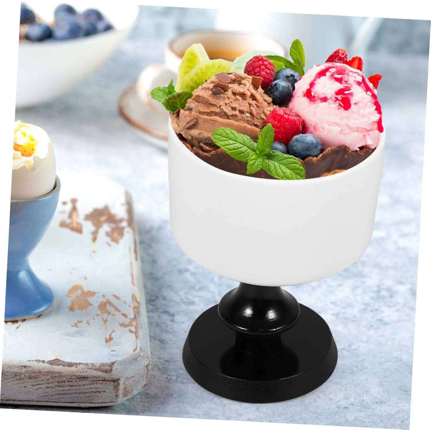Zerodeko 220ml Ceramic Dessert Cup Black Round Tall Footed Bowl Goblet