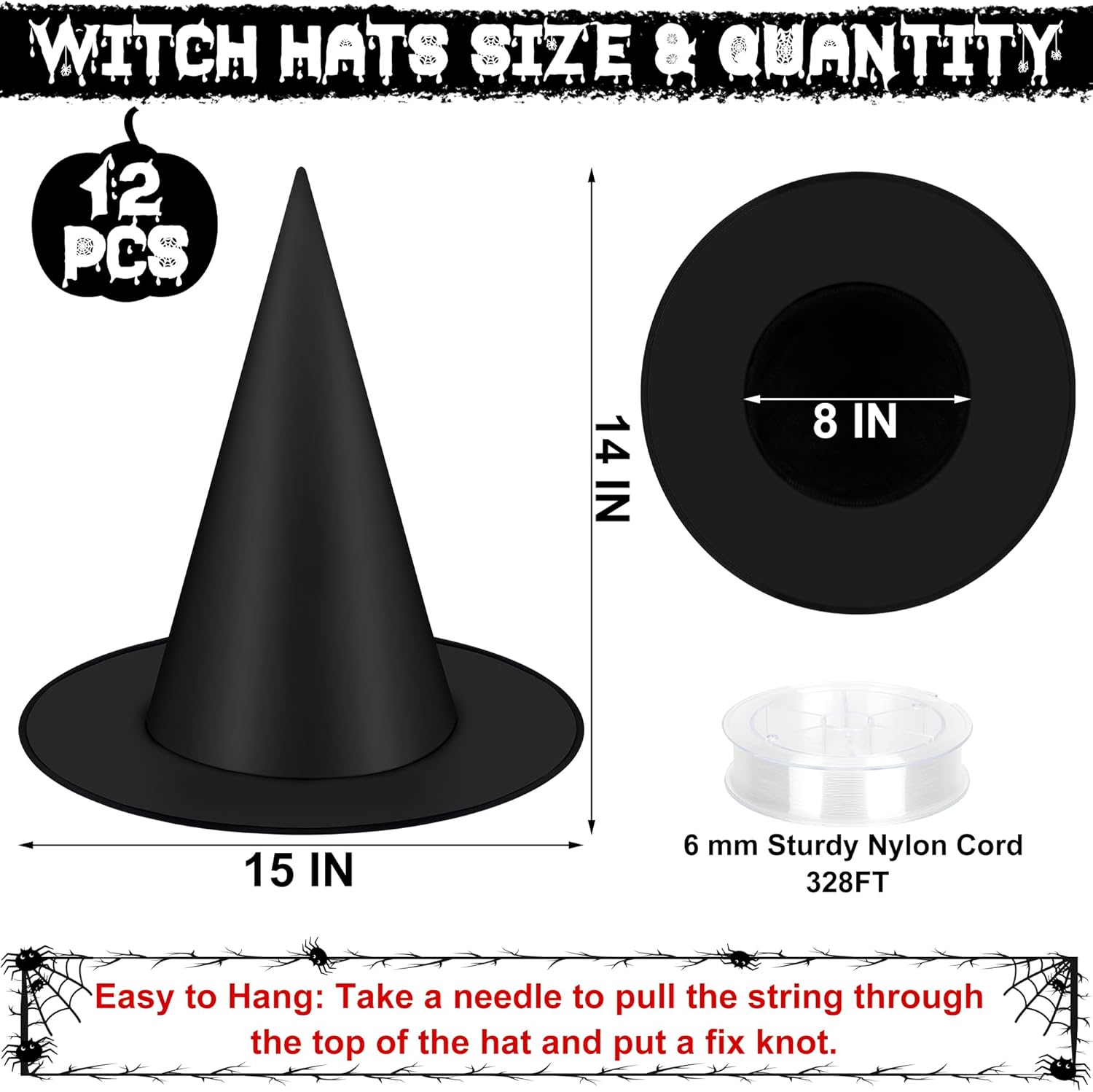 12 Piece Halloween Witch Hats with 328 FT Cord