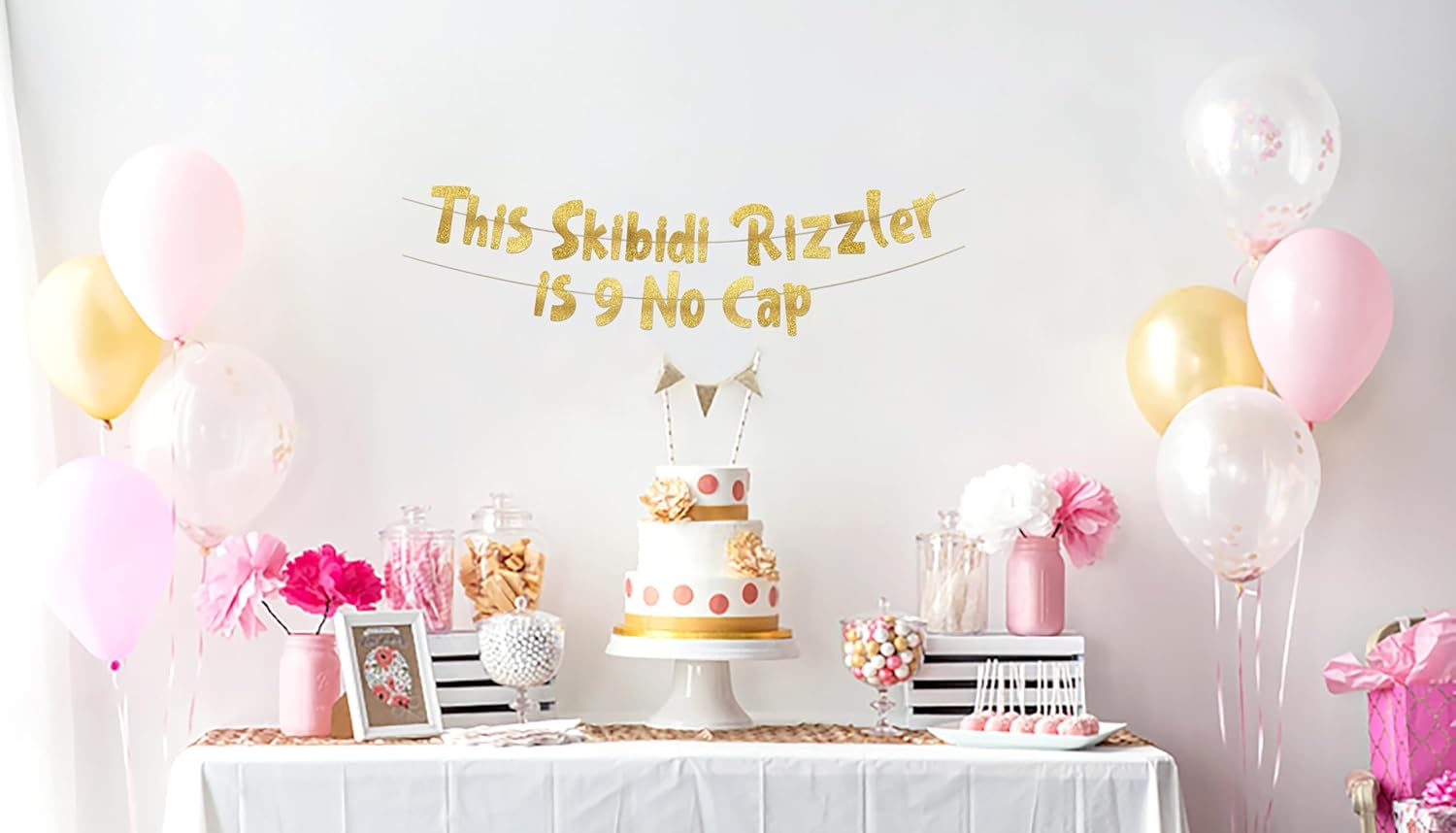 9 No Cap Gold Glitter Banner for 9th Birthday Party Supplies