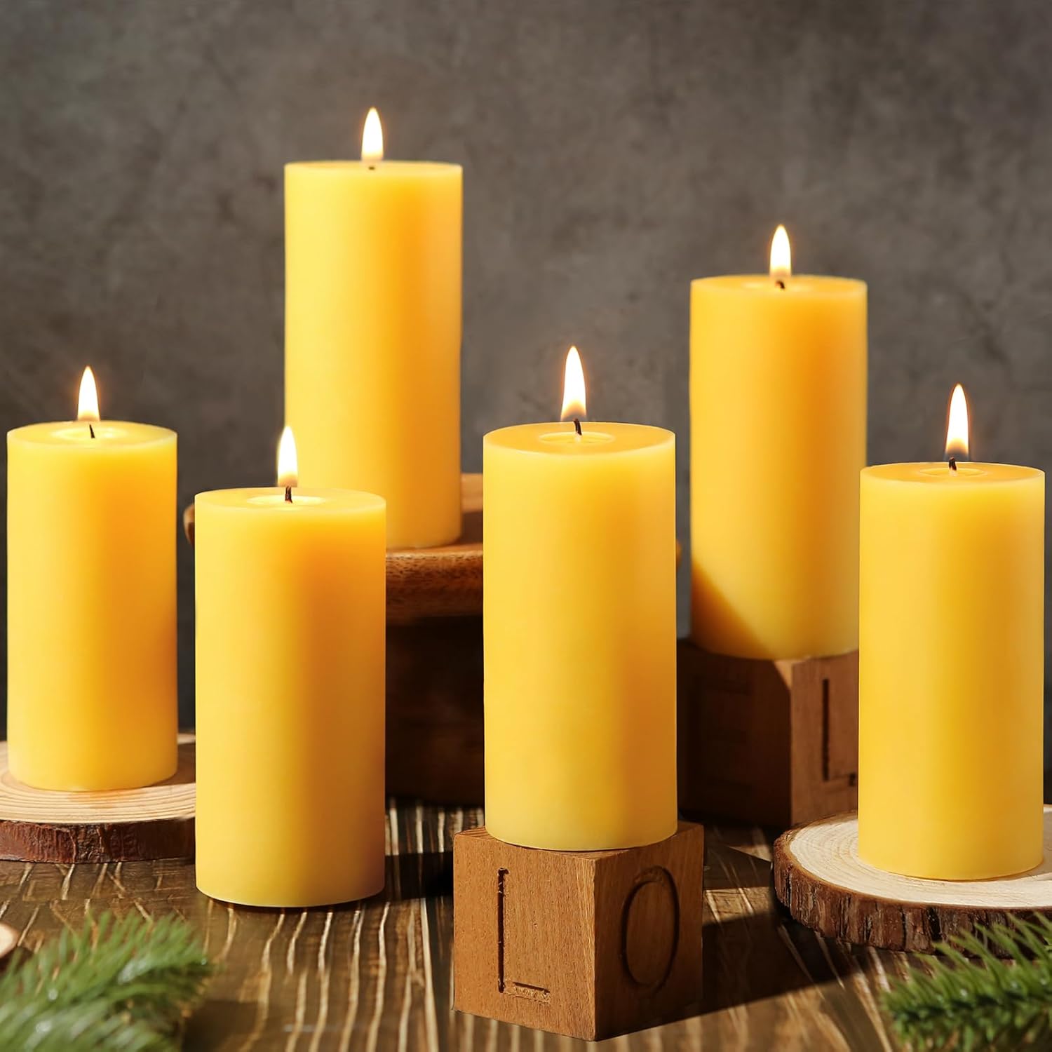 6 Pack Natural Beeswax Pillar Candles - 210 Hours Long Burning
