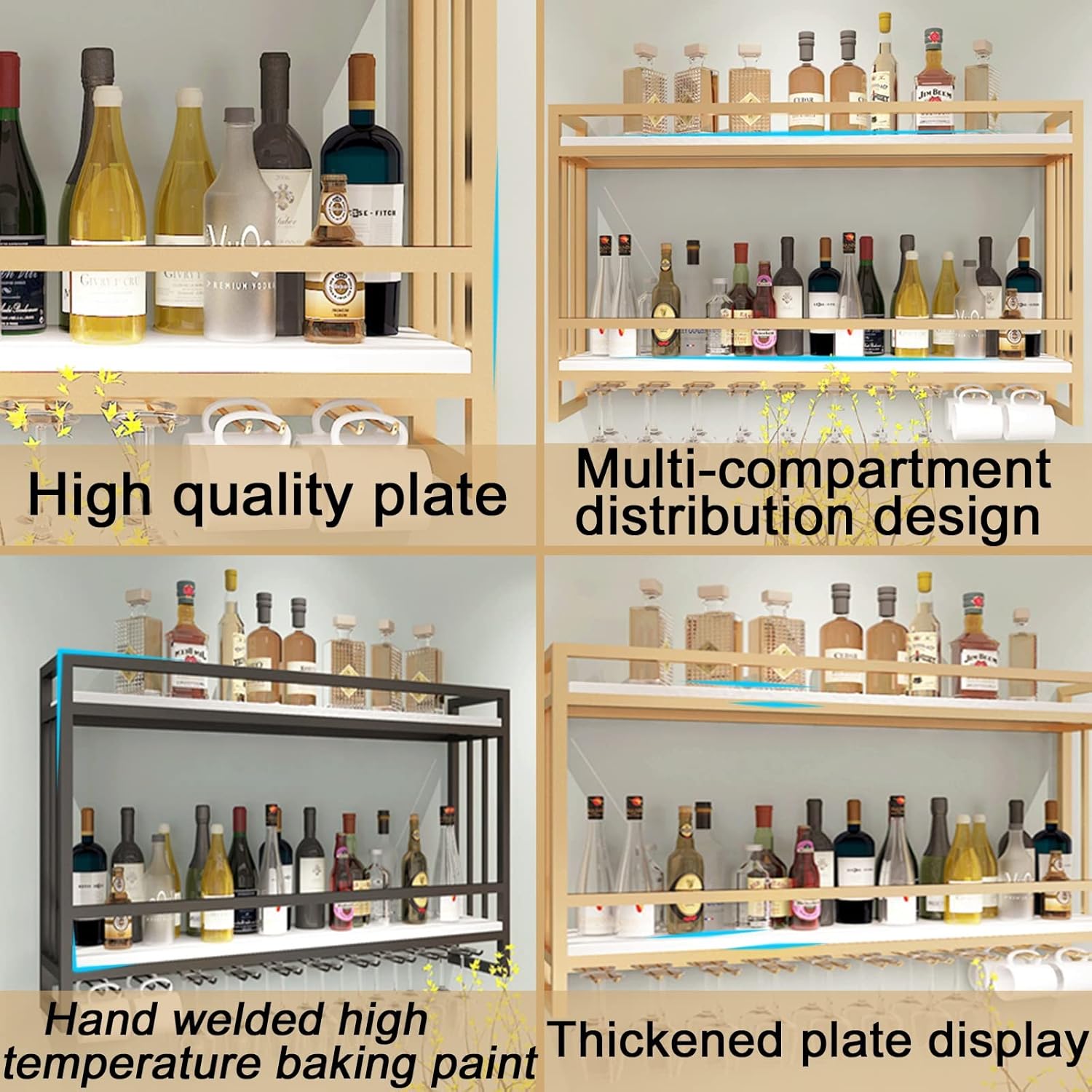 Gold White Wall-Mounted 2 Layer Wine Rack with Hooks