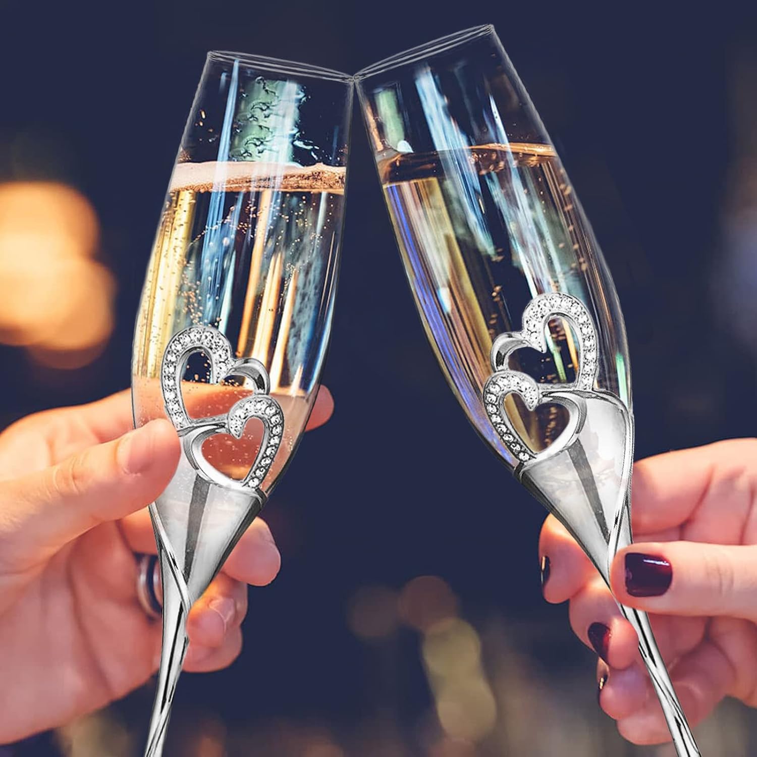 Silver Toasting Flutes with Rhinestone Heart Decor for Wedding