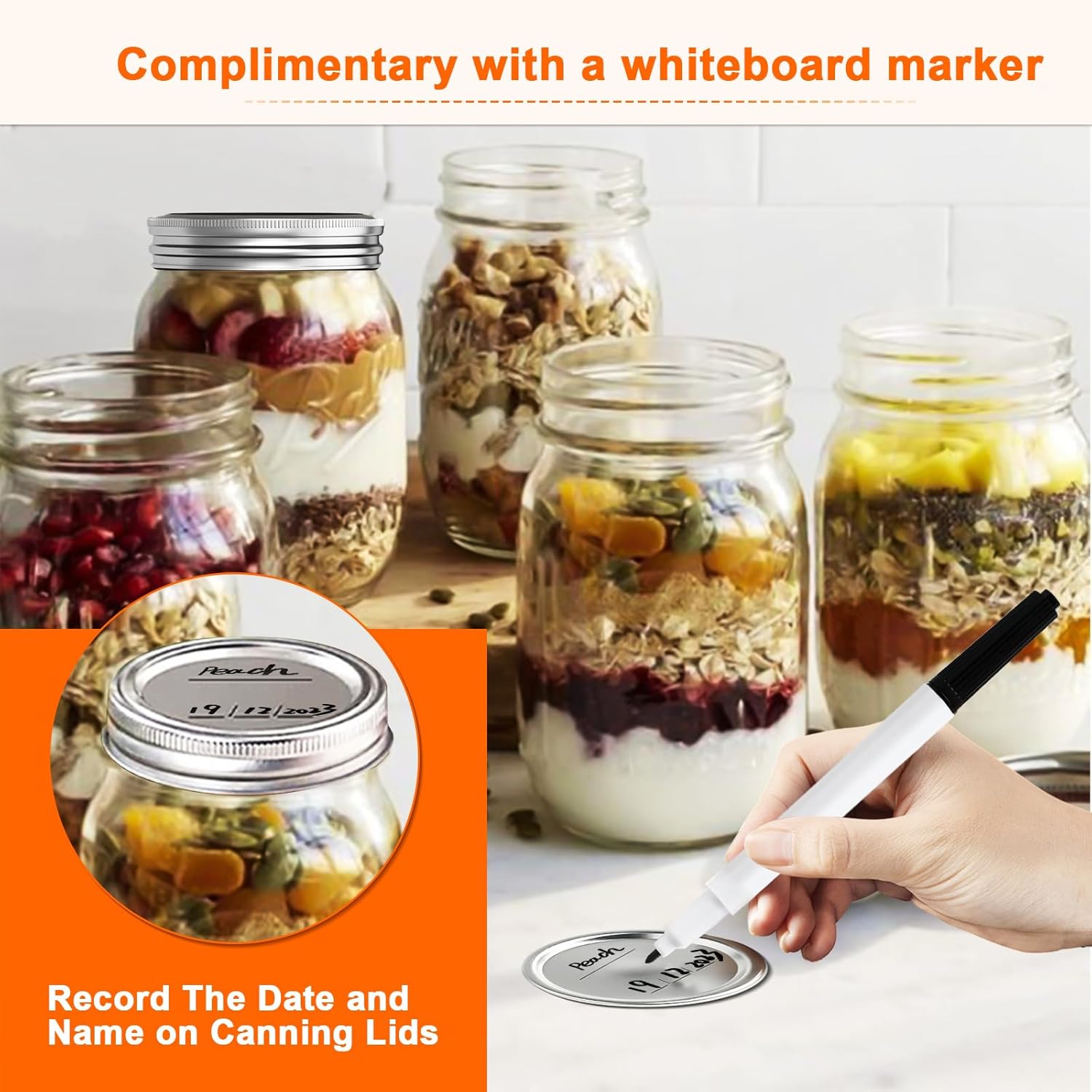 52 PCS Reusable Mason Jar Lids and Rings with Whiteboard Marker