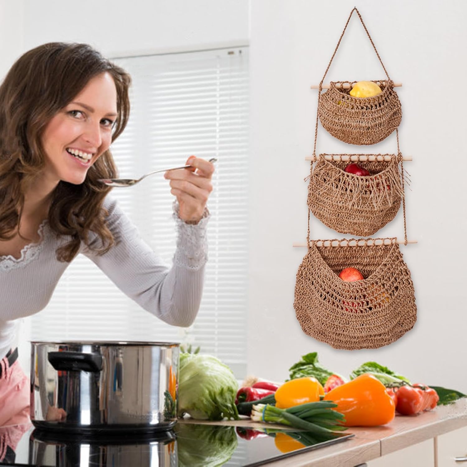 3-Tier Handmade Bohemian Hanging Fruit Basket for Kitchen Storage