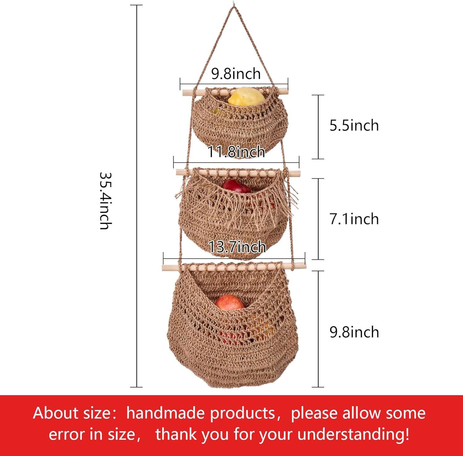 3-Tier Handmade Bohemian Hanging Fruit Basket for Kitchen Storage