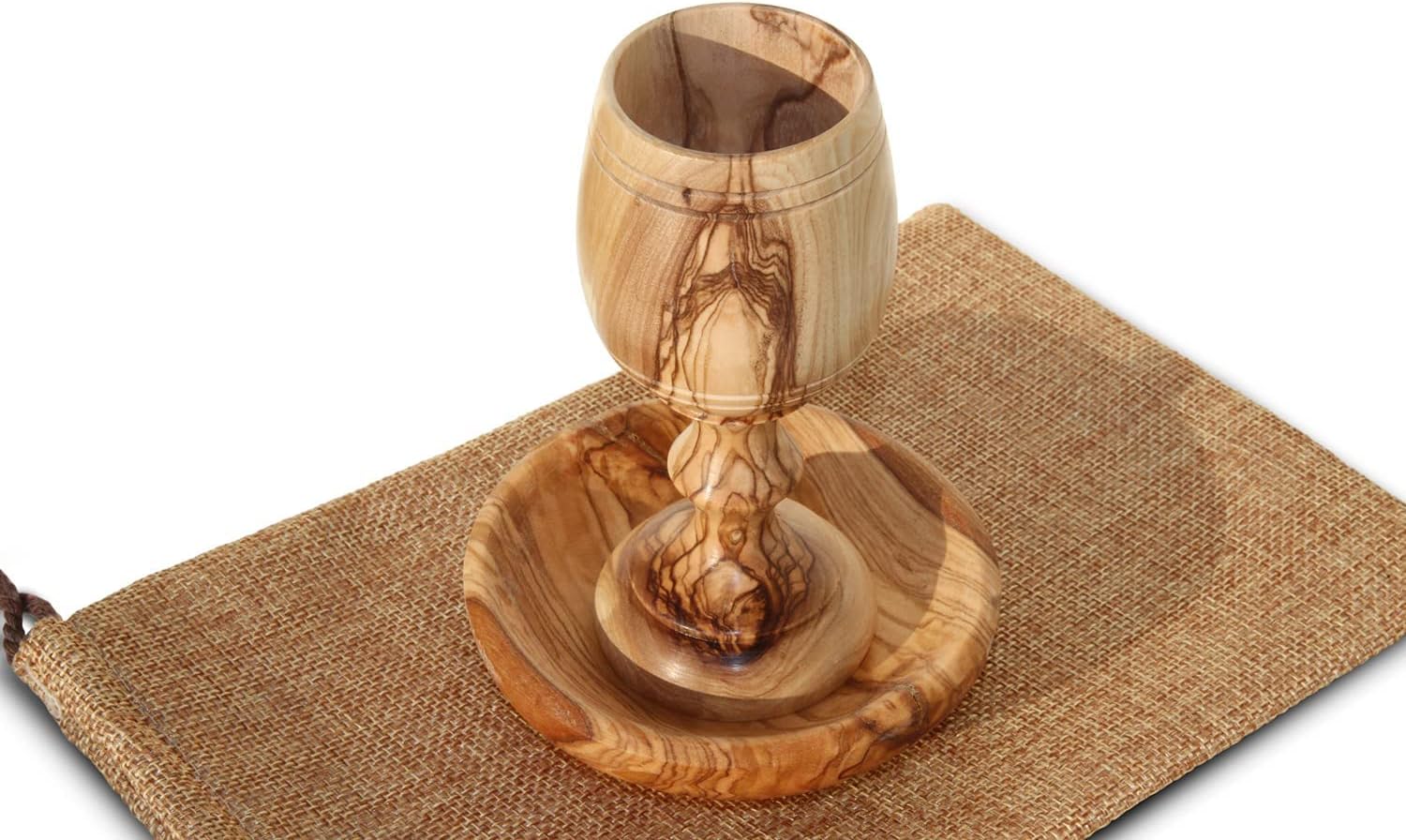 Hand-Carved Olive Wood Communion Cup with Bread Tray