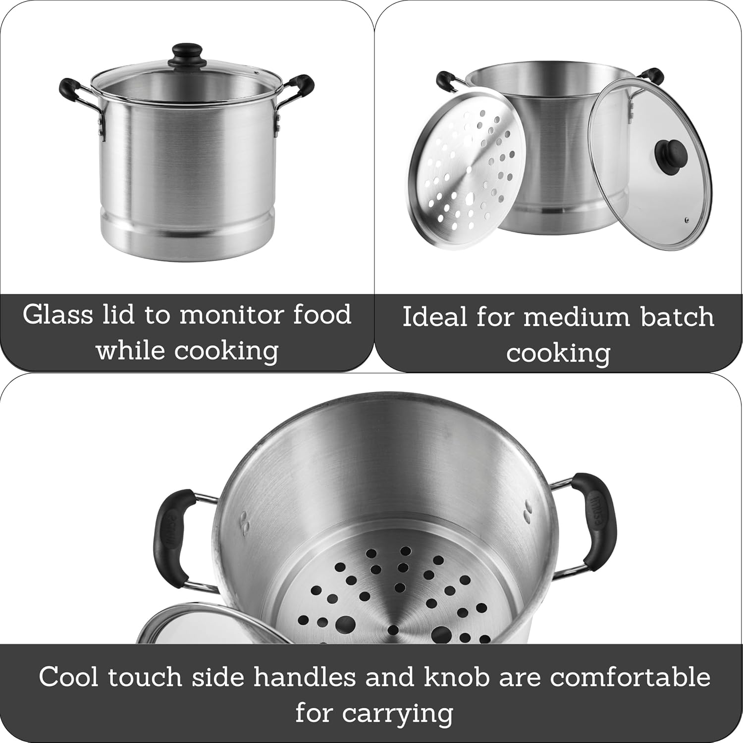 IMUSA USA Steamer with Glass Lid 20 Quart Silver