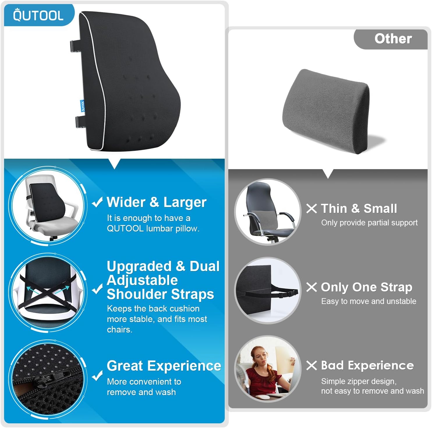 QUTOOL Lumbar Support Pillow for Office Chair and Car Seat