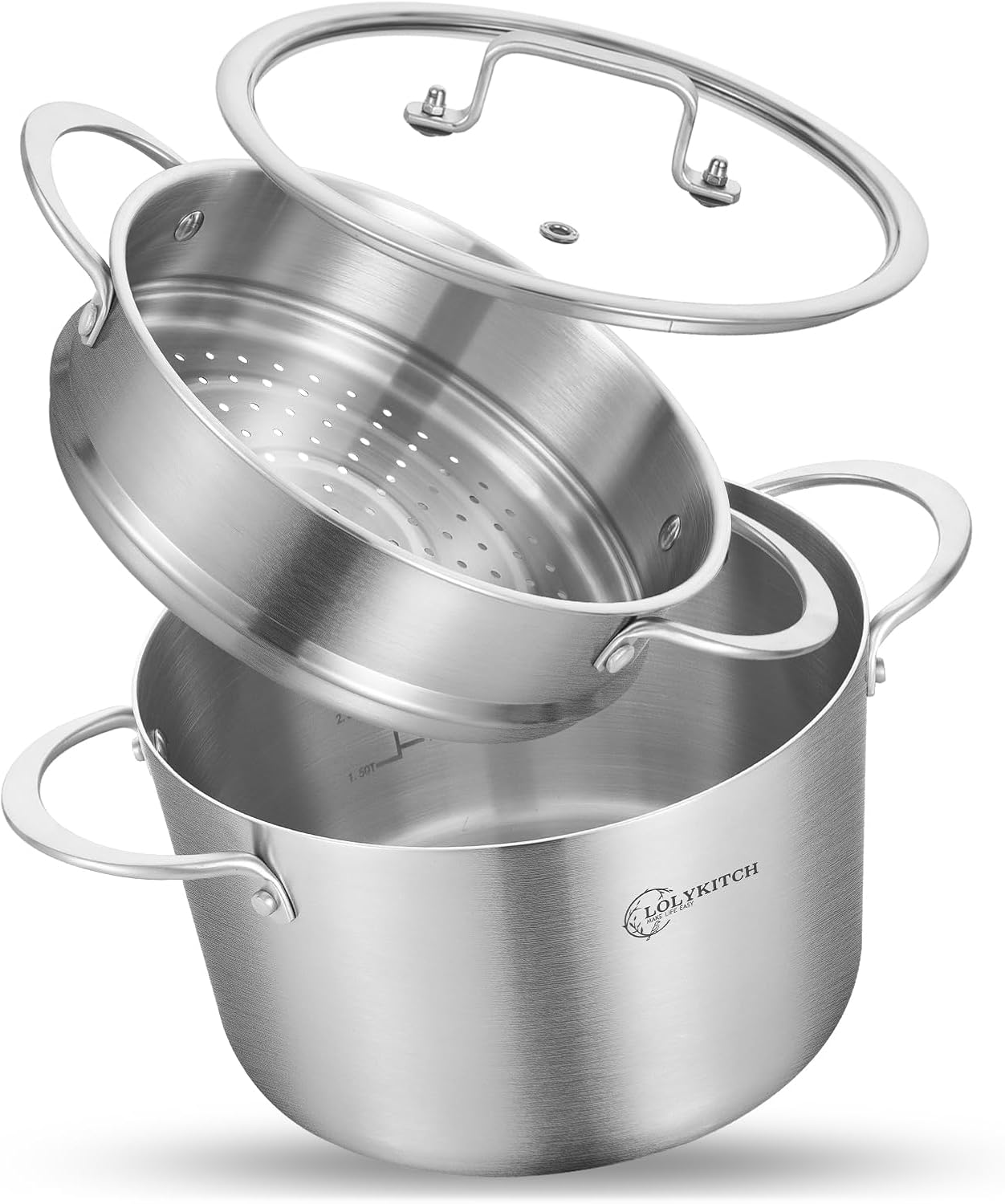 LOLYKITCH 3 Qt Tri-Ply Stock Pot with Lid and Steamer