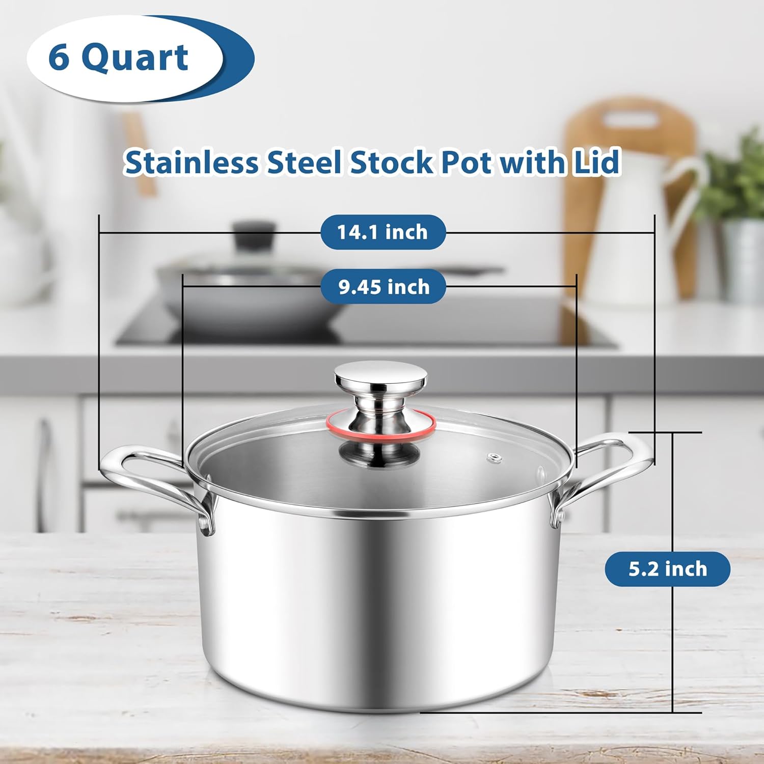 E-far 6 Quart Stock Pot with Glass Lid and Tri-Ply Steel