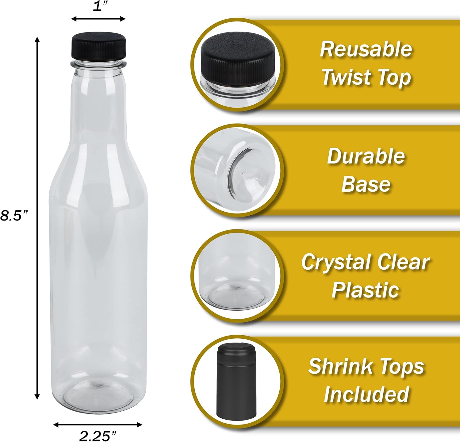 PELLAH 12 Oz PET Plastic Bottles with Screw Closures and Heat Shrink Seals