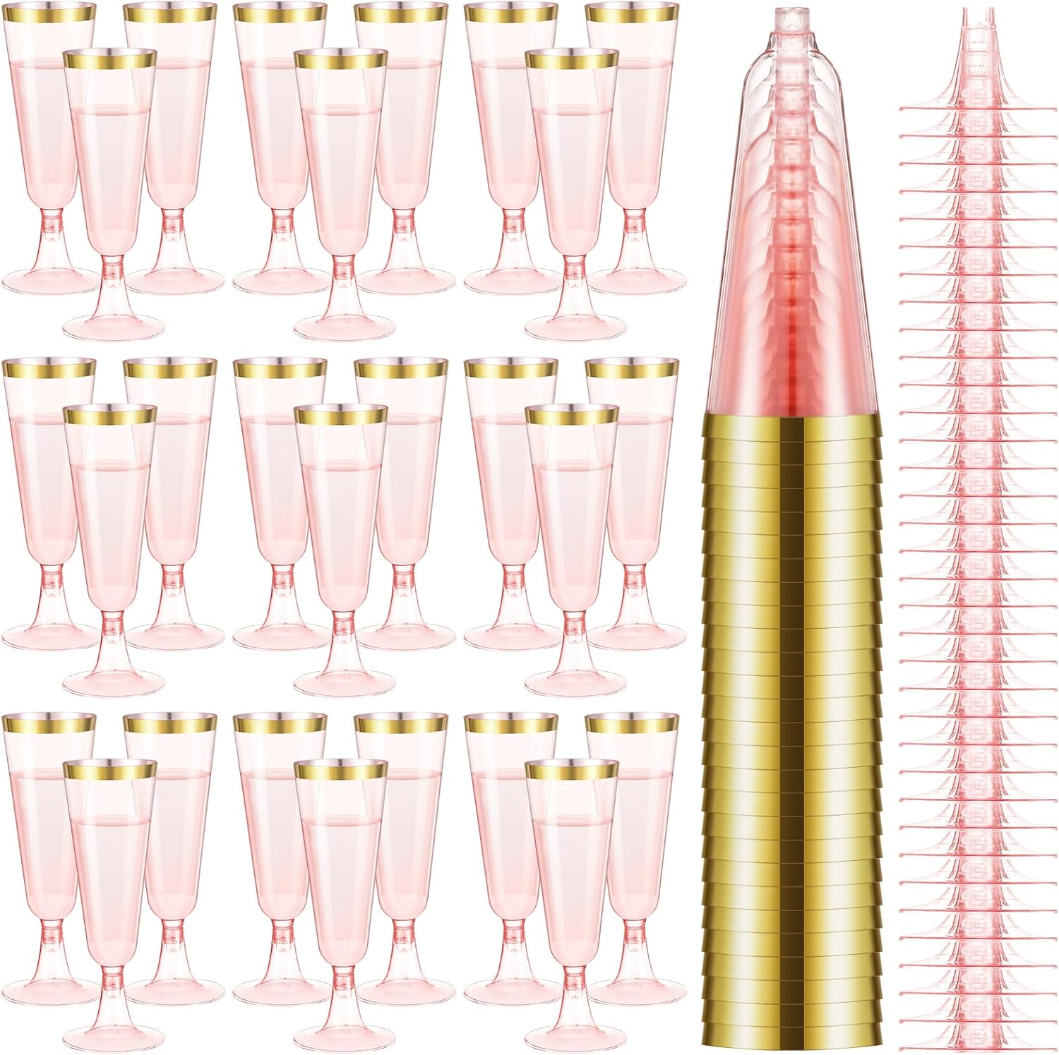 Dandat 100 Pcs Pink Champagne Flutes with Gold Rim