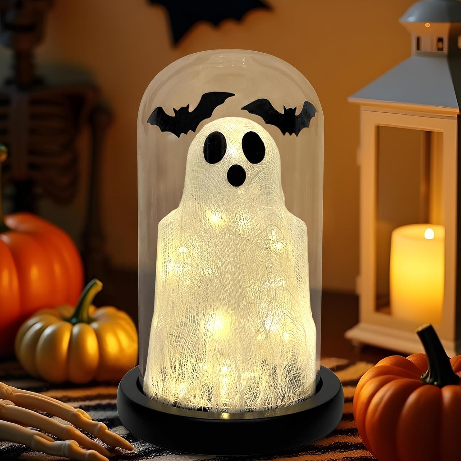 DAZONGE Halloween Decorations Lighted Glass Dome Ghost Cloche