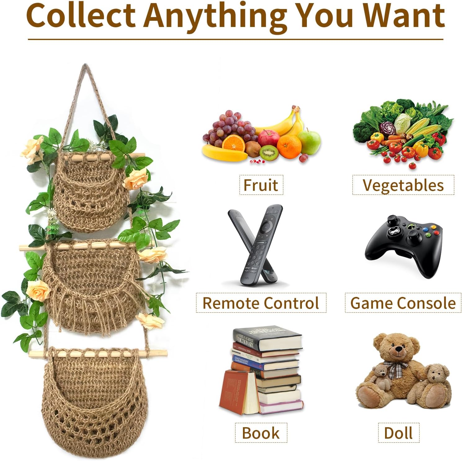 3 Tier Jute Hanging Fruit Basket for Kitchen