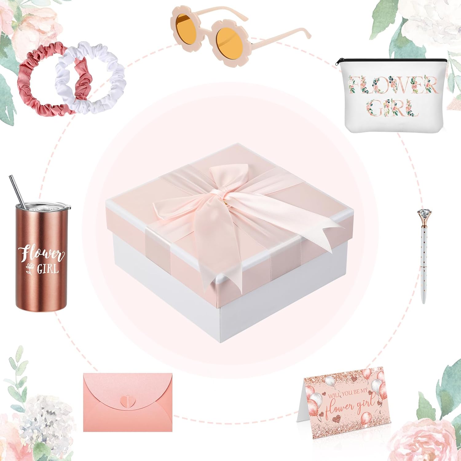 Sieral 9 Pcs Flower Girl Wedding Gift Set Pink Retro