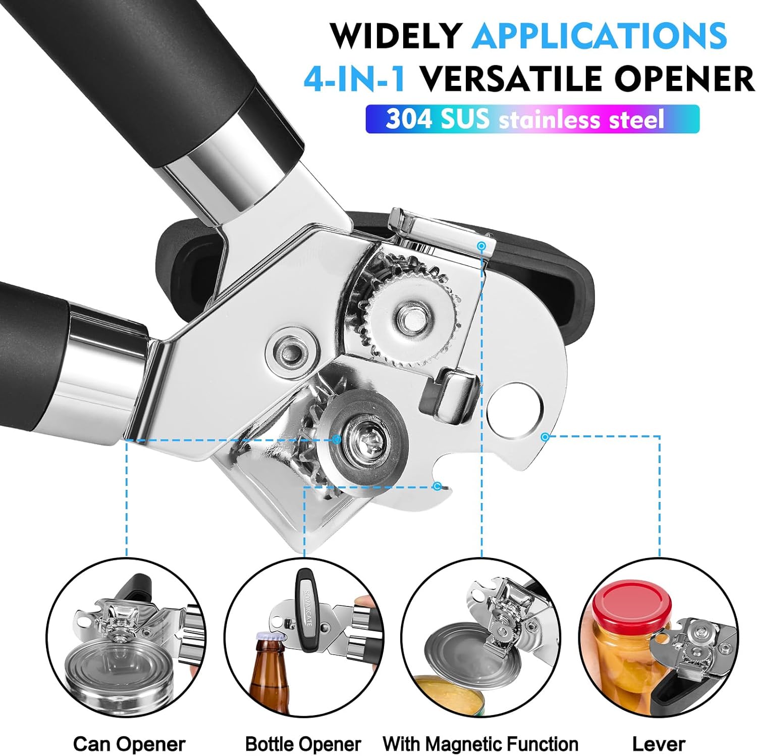 SOVARCATE Heavy Duty 4-in-1 Can Opener with Magnet Lift