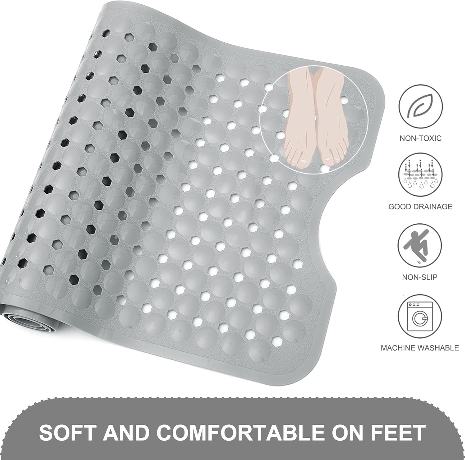 Non Slip Extra Large Bath Mat with Suction Cups Gray