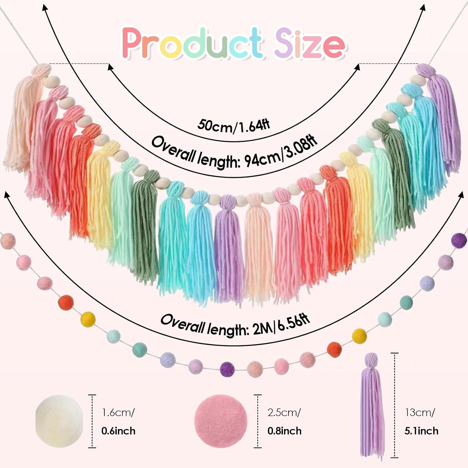2pcs Boho Tassel Garland with Pom Pom and Felt Balls