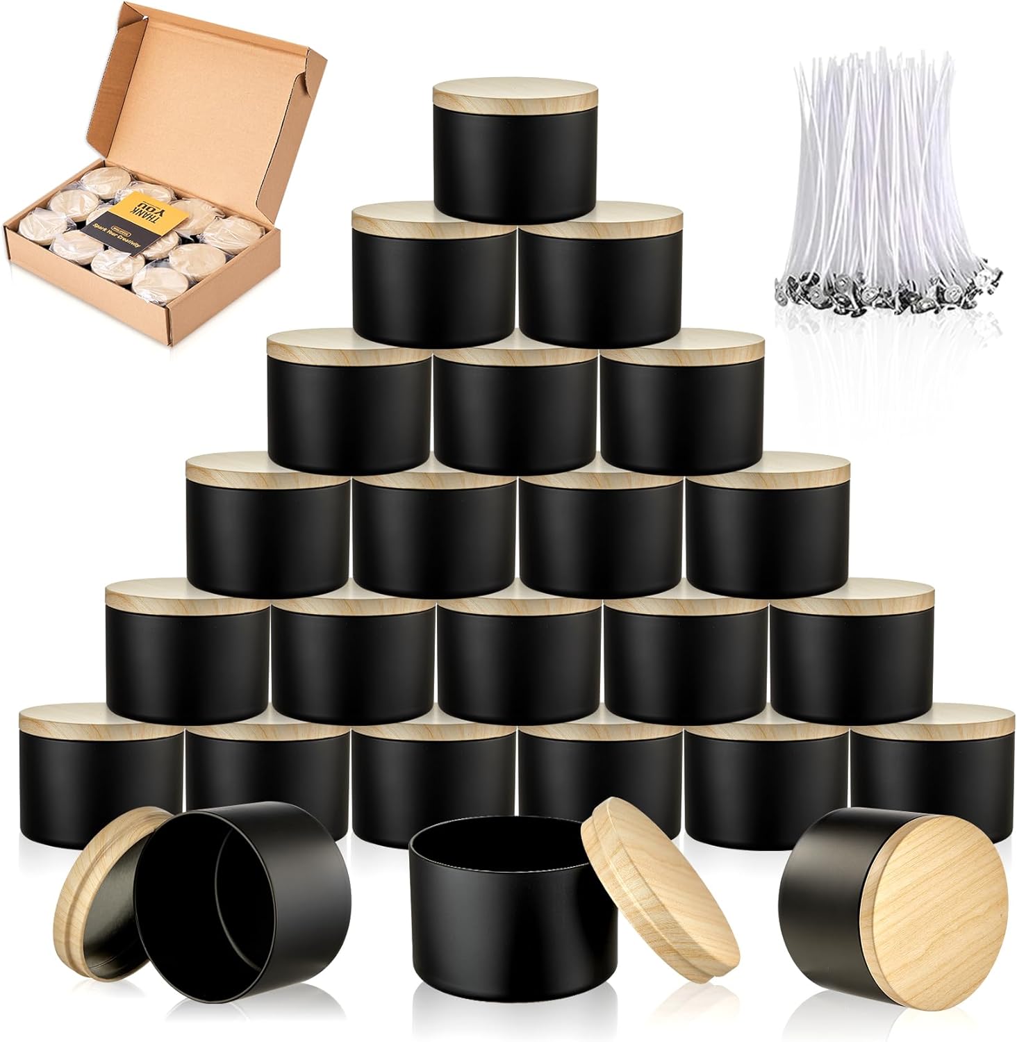 Sturdy Metal Candle Tins with Wooden Lids 4oz 8oz 12pcs Black