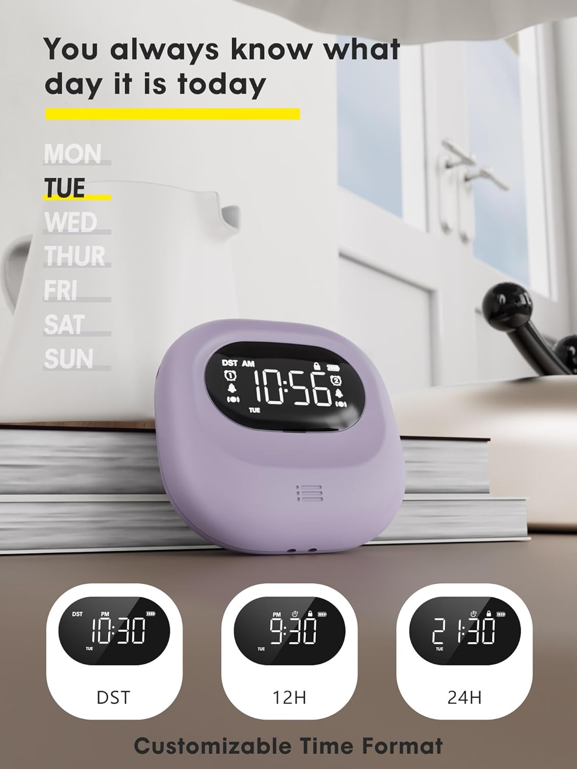 Vibrating Alarm Clock with Dual Alarms and Week Display