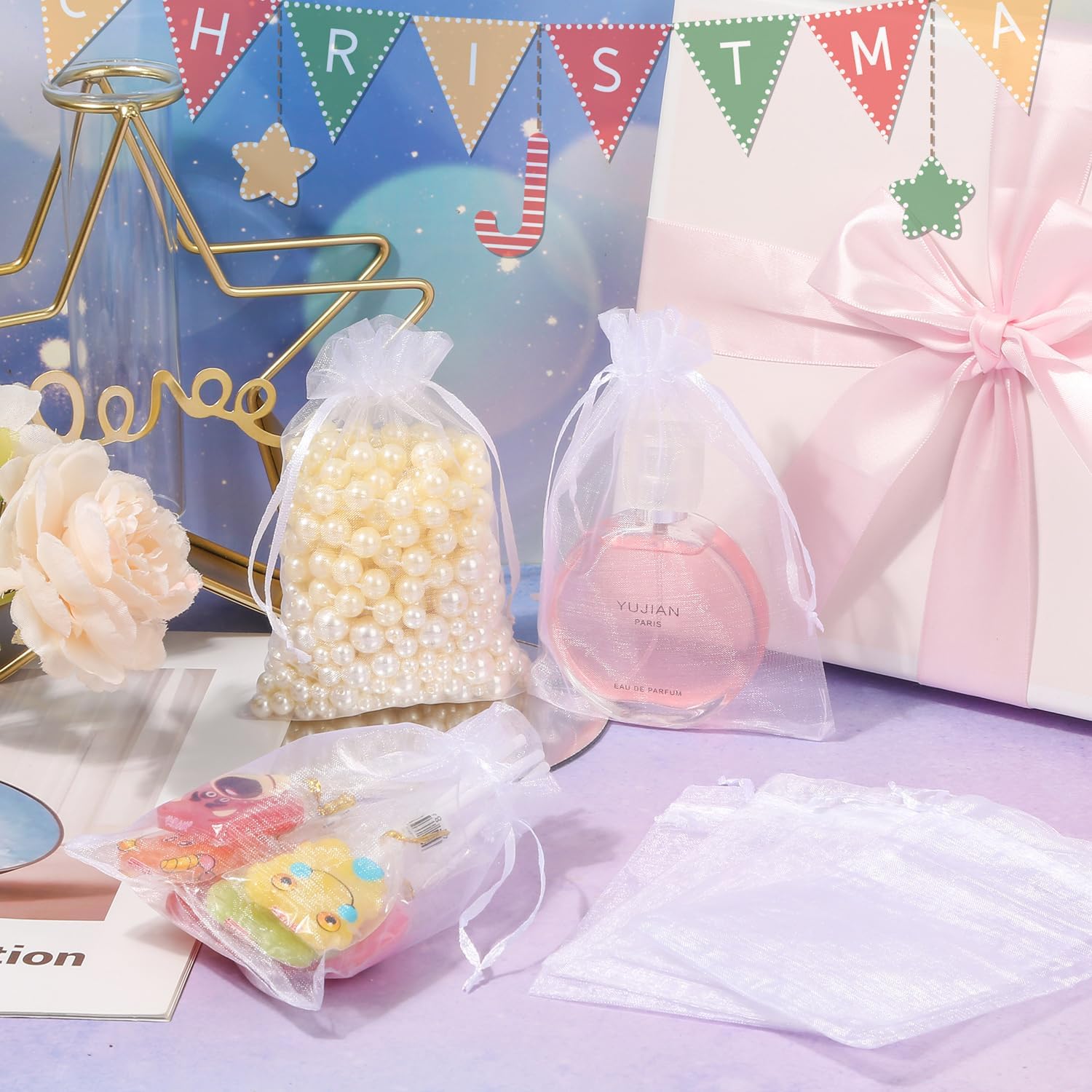 Hopttreely 100PCS Premium White Organza Bags for Wedding Jewelry Party Favors