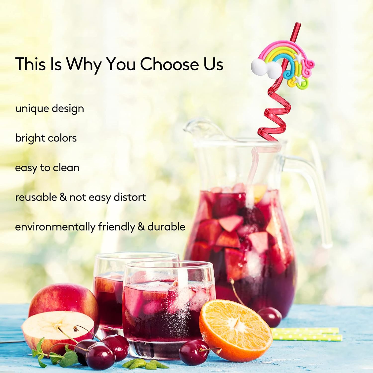 Rainbow Cloud Patterned Reusable Drinking Straws Set of 26