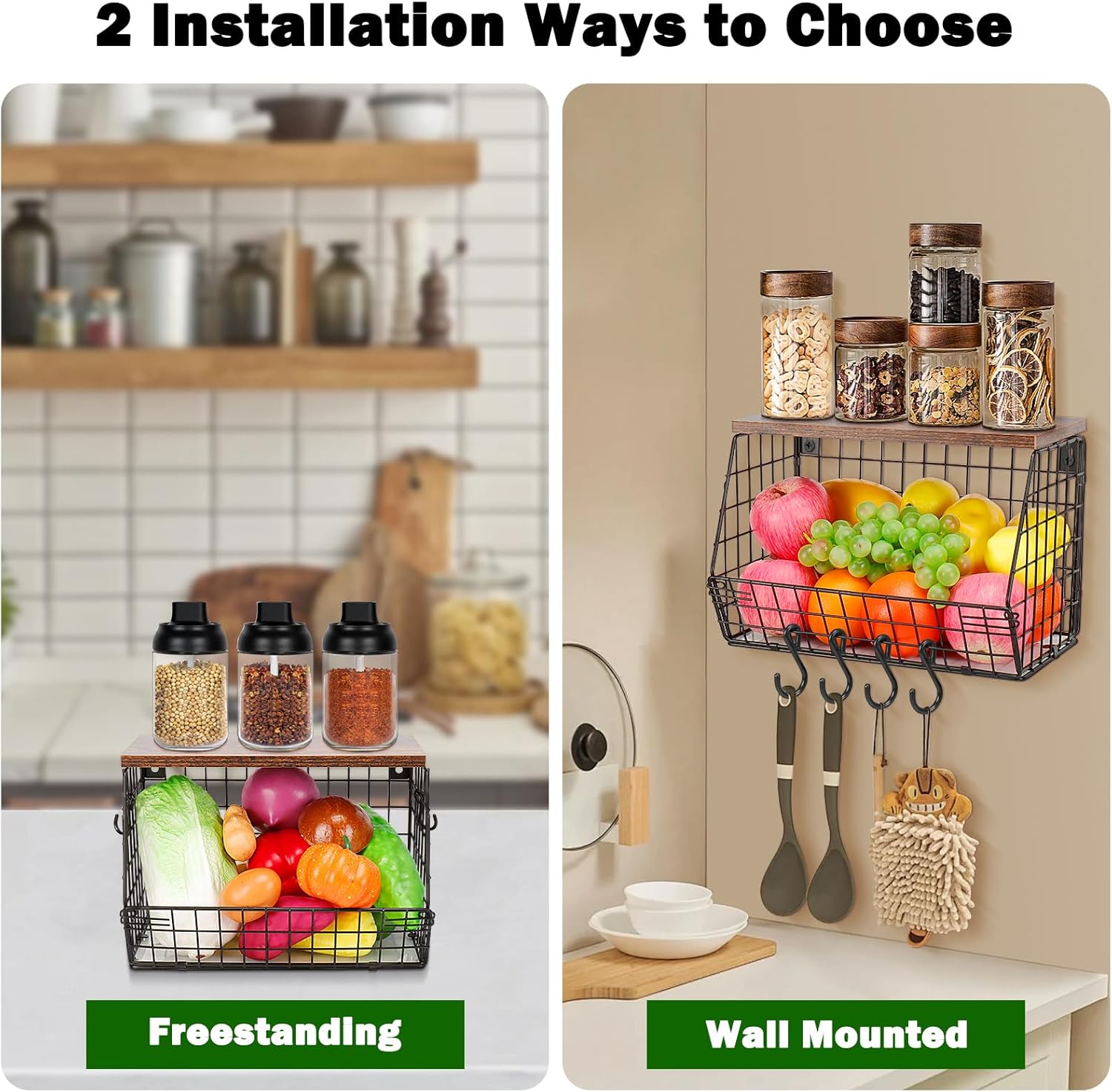 Livabber Fruit Basket with Wood Shelf and 4 S-Hooks